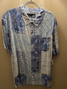 Lost Men's Blue Patchwork Short-Sleeve Button-Down Shirt Sz XL